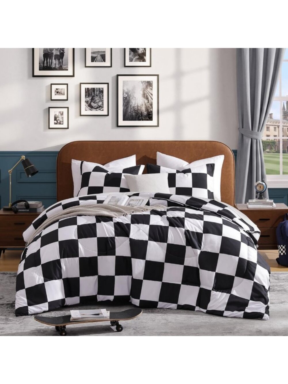 Cozy Checkered Queen Comforter Set - Black & White Gingham Plaid Bedding